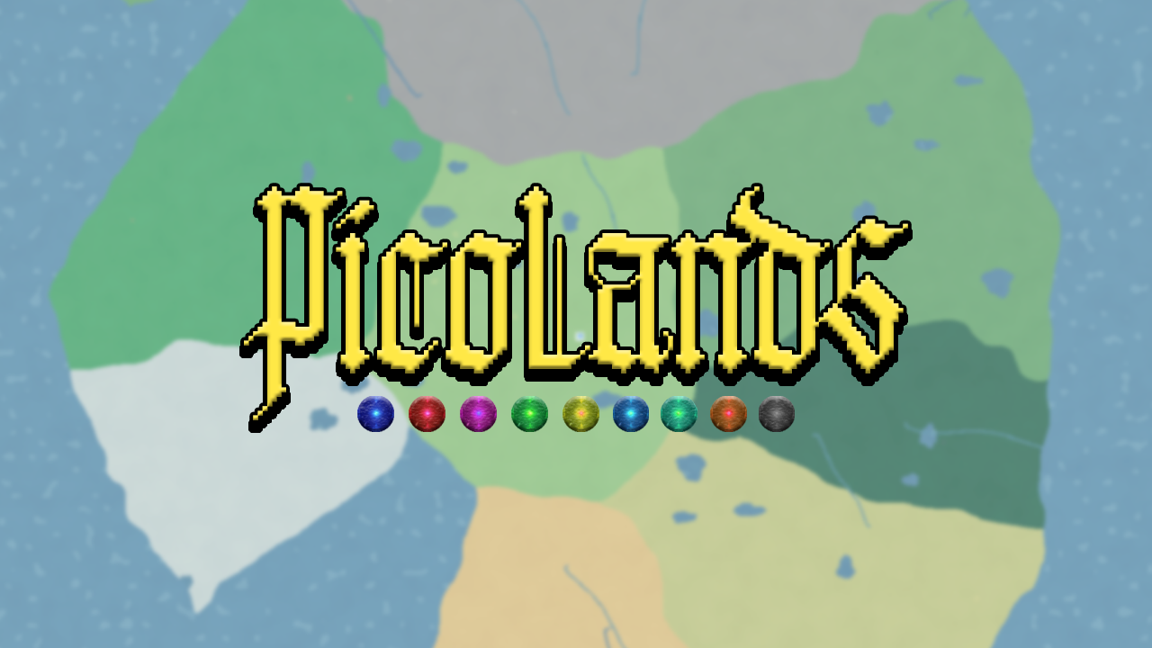PicoLands box art: yellow gothic pixel title over a colorful overworld map, with nine glowing colored orbs beneath the logo.